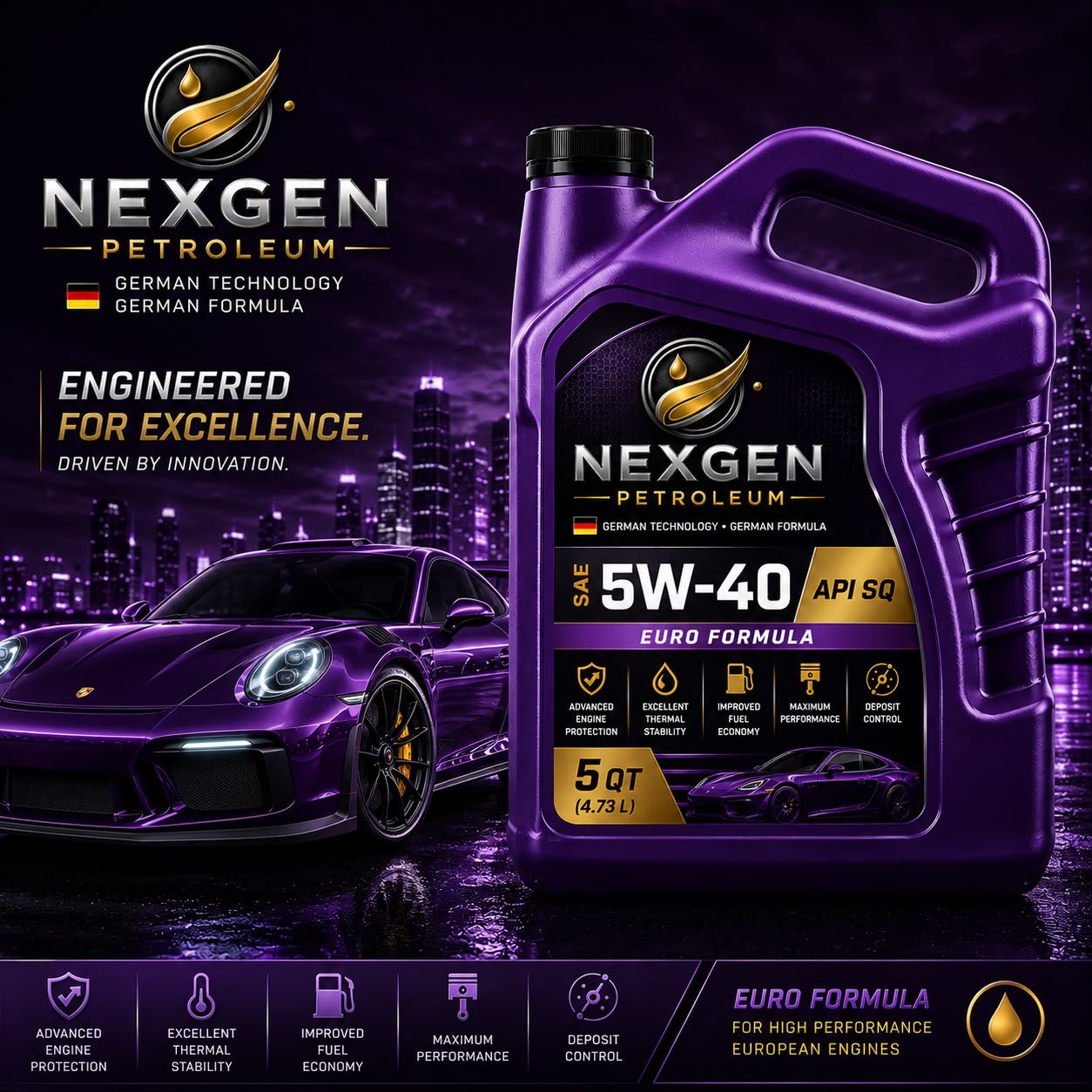 NexGen Petroleum SAE 5W-40 Full Synthetic Motor Oil (API SQ, Euro Formula)